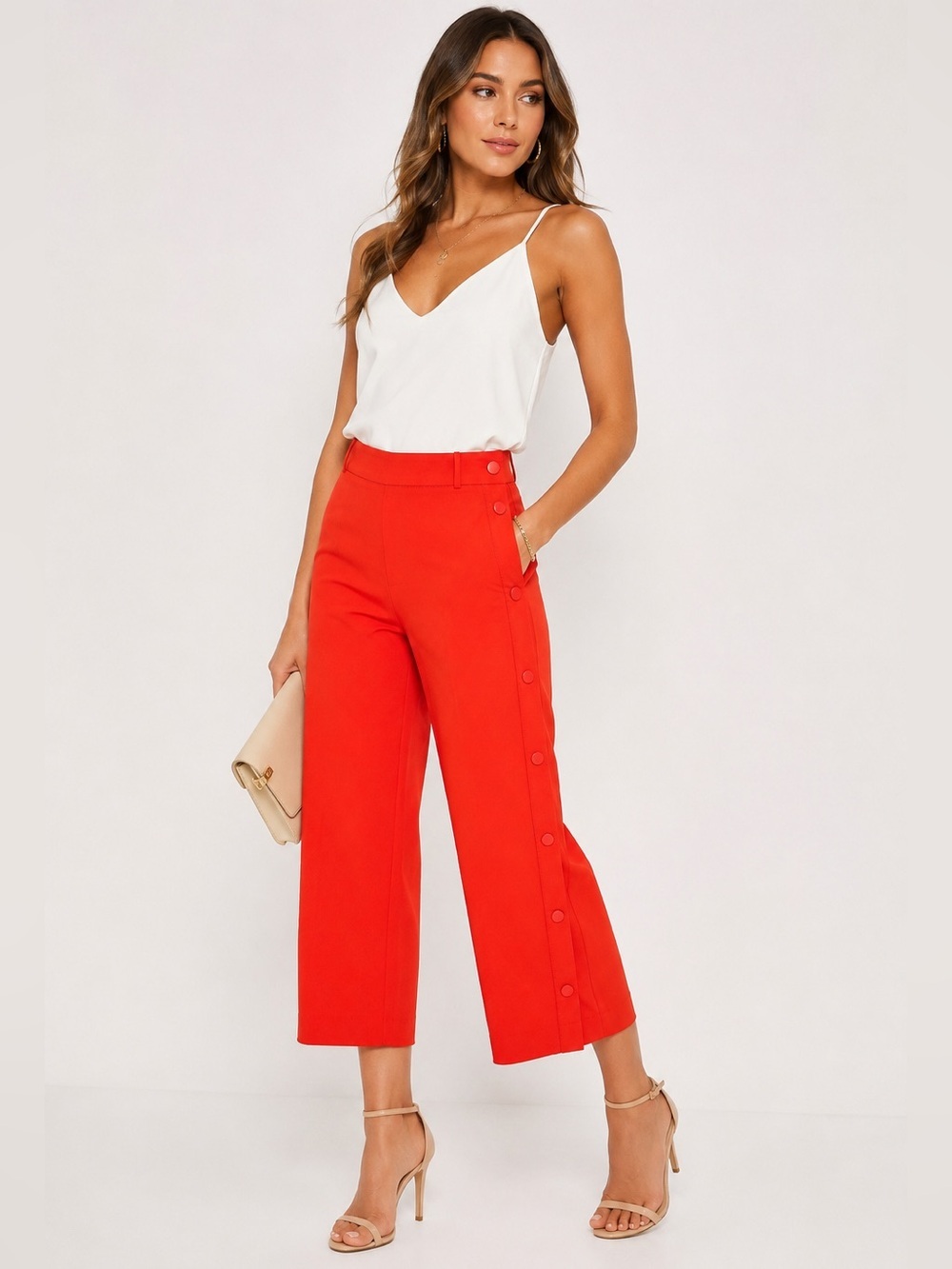 Topshop Tomato Red / Orange Wide Leg Pants High Rise Culotte Small Snap Buttons